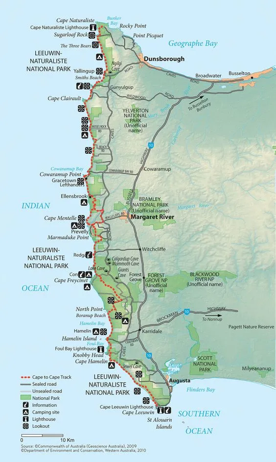 Map of access points along the cape to cape walking track.